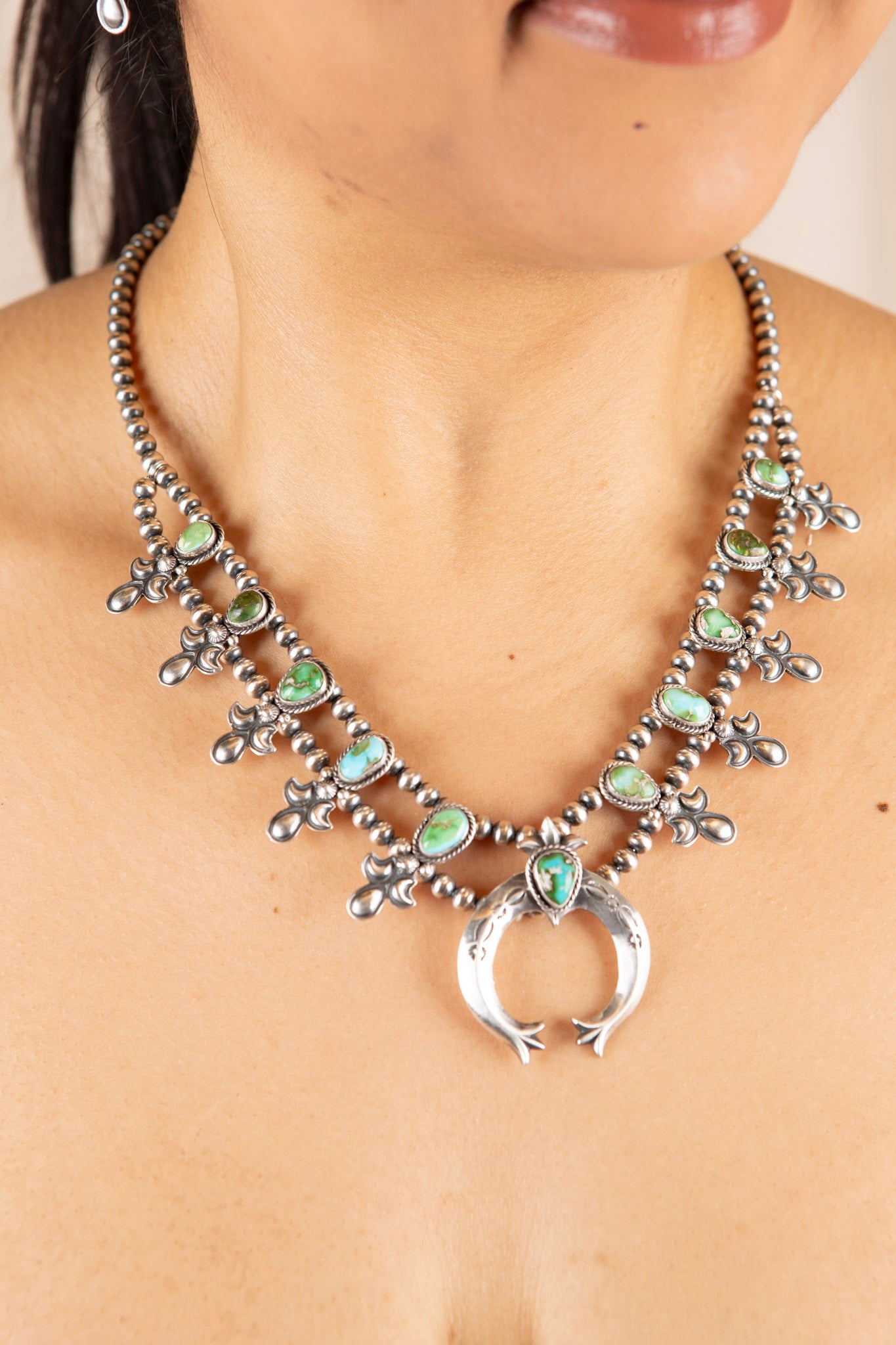 Sterling Silver Emerald Sky Squash Blossom Set