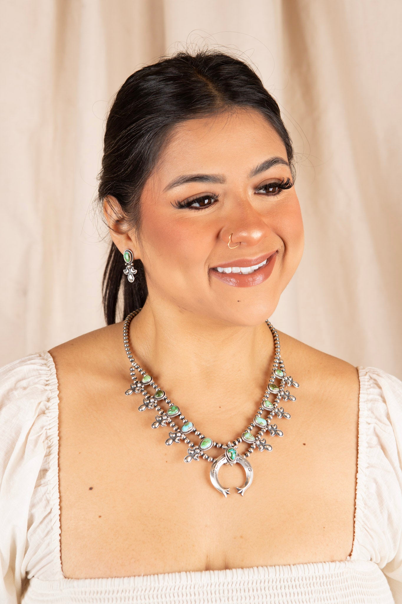 Sterling Silver Emerald Sky Squash Blossom Set