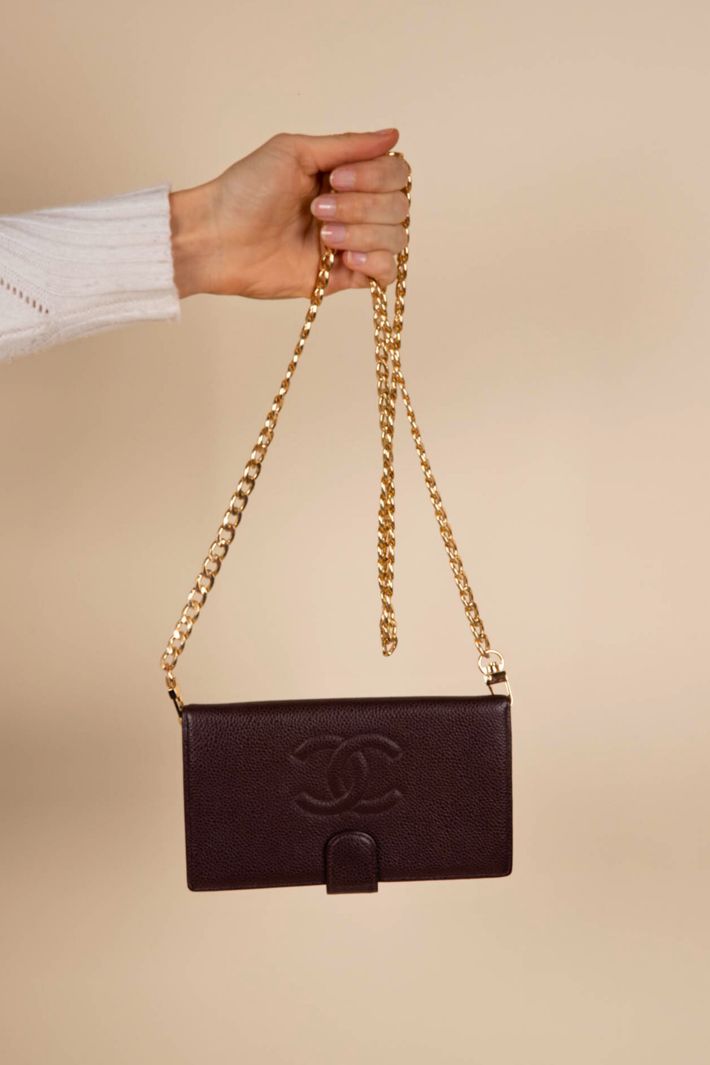 Chanel Metallic Bronze Caviar Leather Sevruga Wallet on Chain