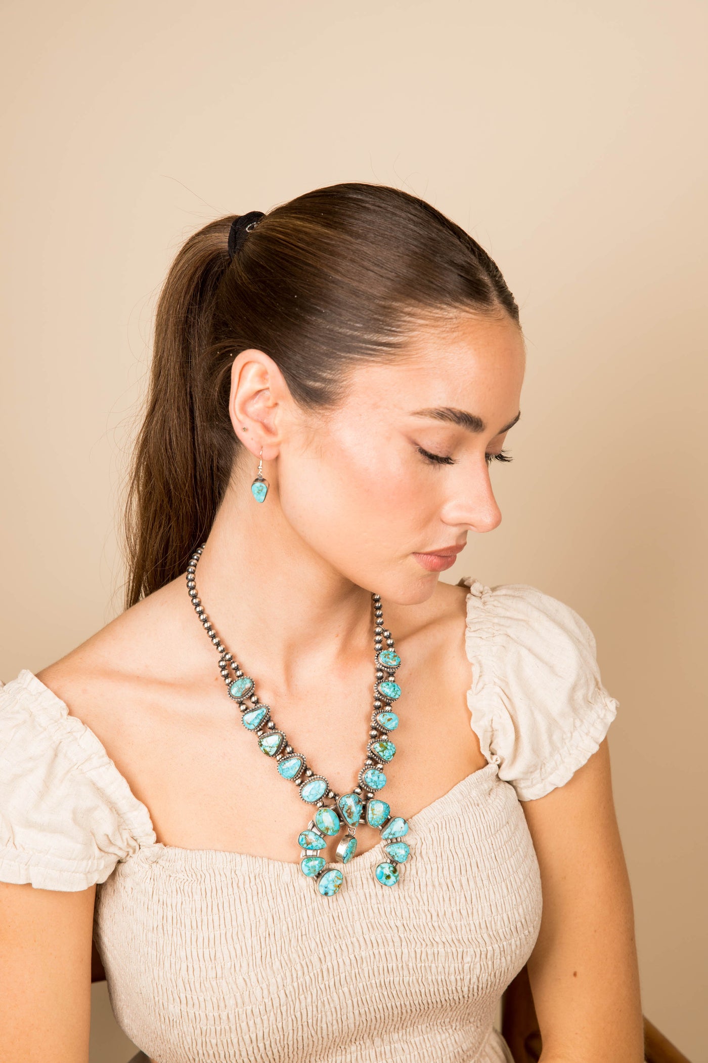 Navajo Handmade  Kingsman Web Turquoise Necklace and Earring Set - 2
