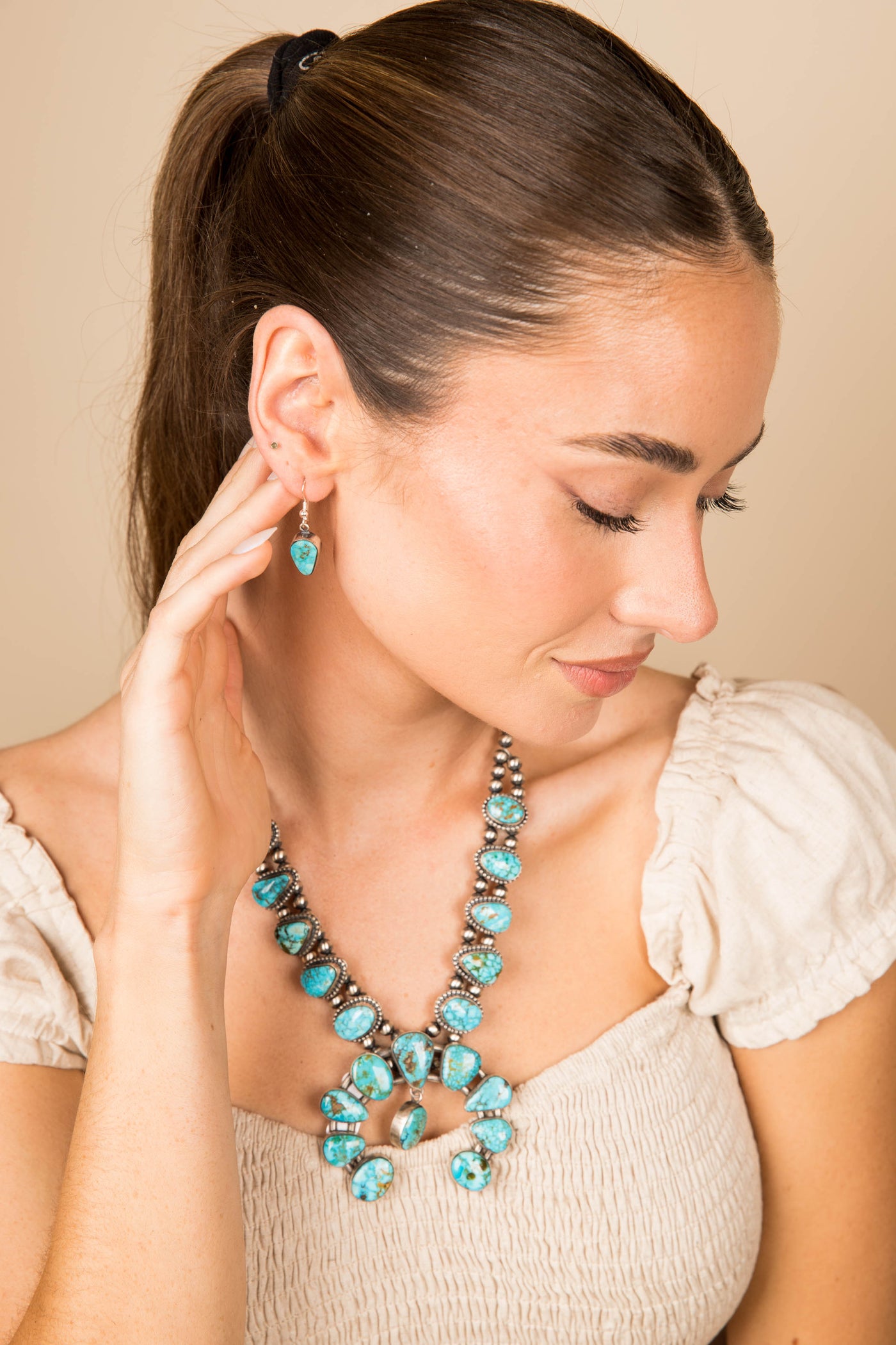 Navajo Handmade  Kingsman Web Turquoise Necklace and Earring Set - 2